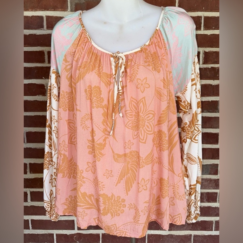 JOHNNY WAS Top Sz S Peasant Blouse Waimea Mixed Floral Hummingbird Boho Chic - Picture 3 of 13